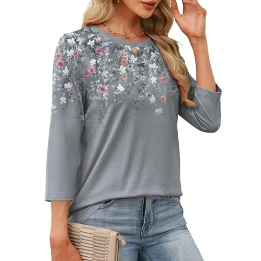 OFEEFAN 3/4 Length Sleeve Womens Tops Dressy Casual Blouses Crew Neck T Shirt Fashion Clothing Loose Fit