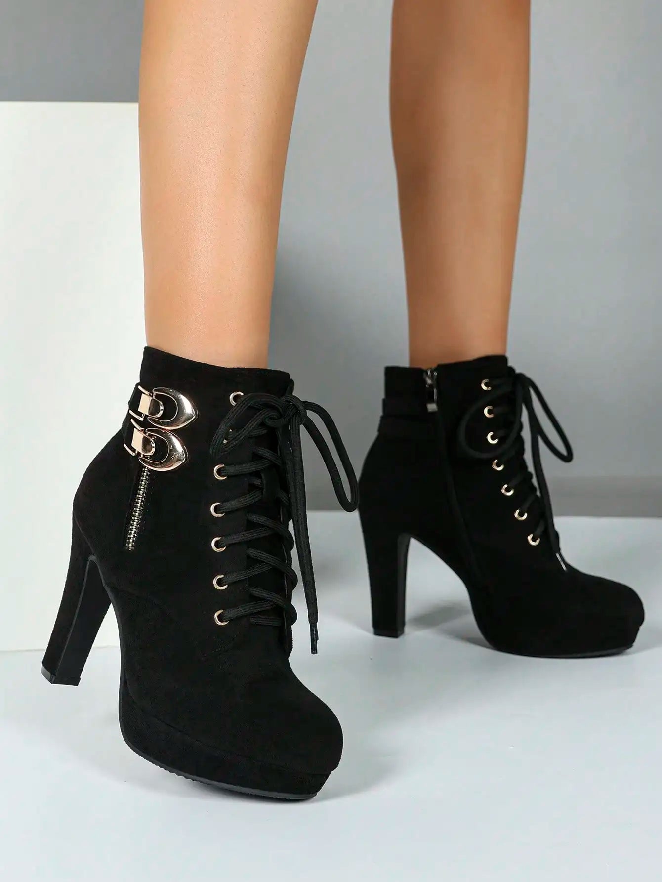 Women's Black Suede Platform Ankle Boots, Lace-Up Chunky High Heel Booties with Metal Buckle, Side Zipper