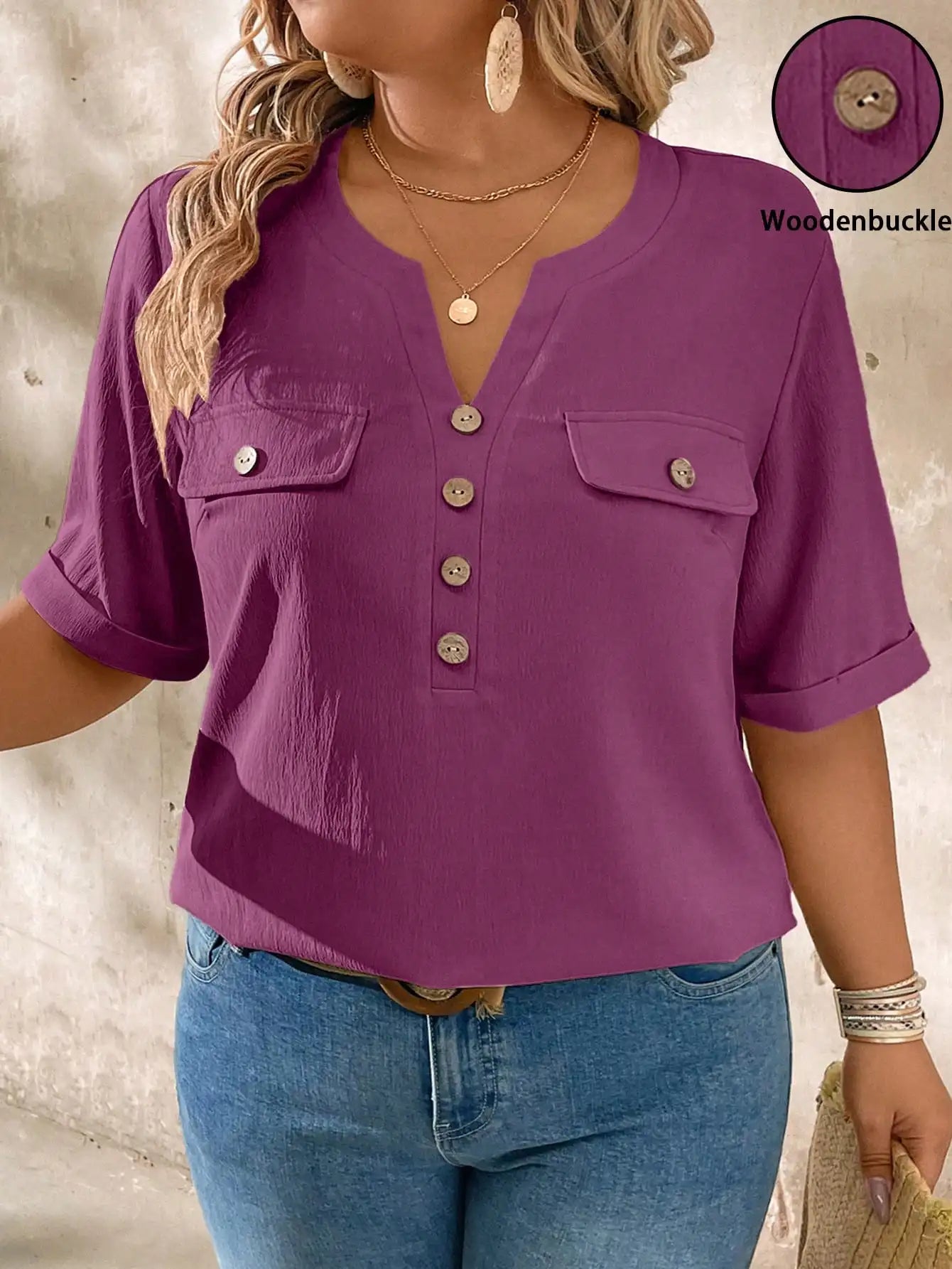 Casual V-Neck Short Sleeve Shirt With Wood Buttons