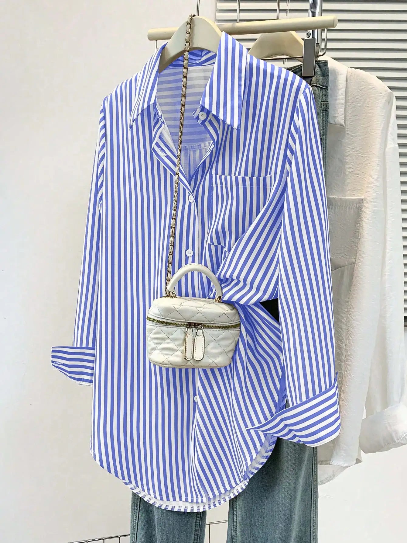 Womens Casual Striped Pointed Collar Long Sleeve Button-Up Shirt