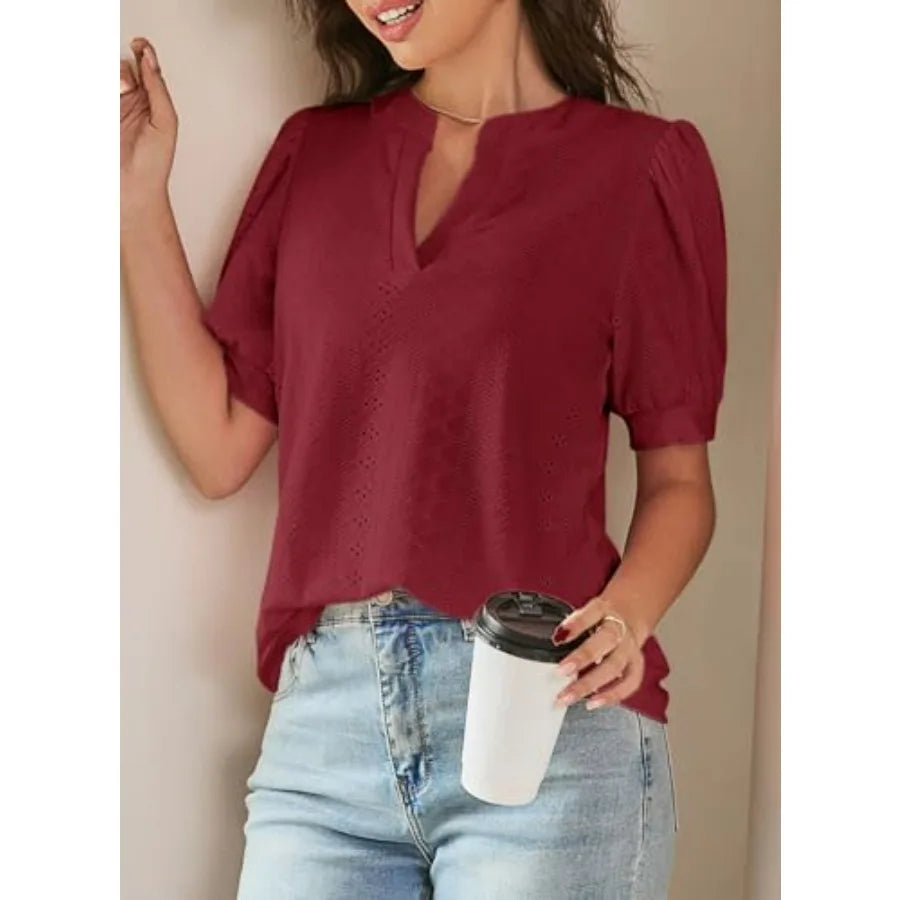 Dokotoo Womens Summer Business Casual Blouses V Neck Short Sleeve Shirts Eyelet Cute Lace Tops