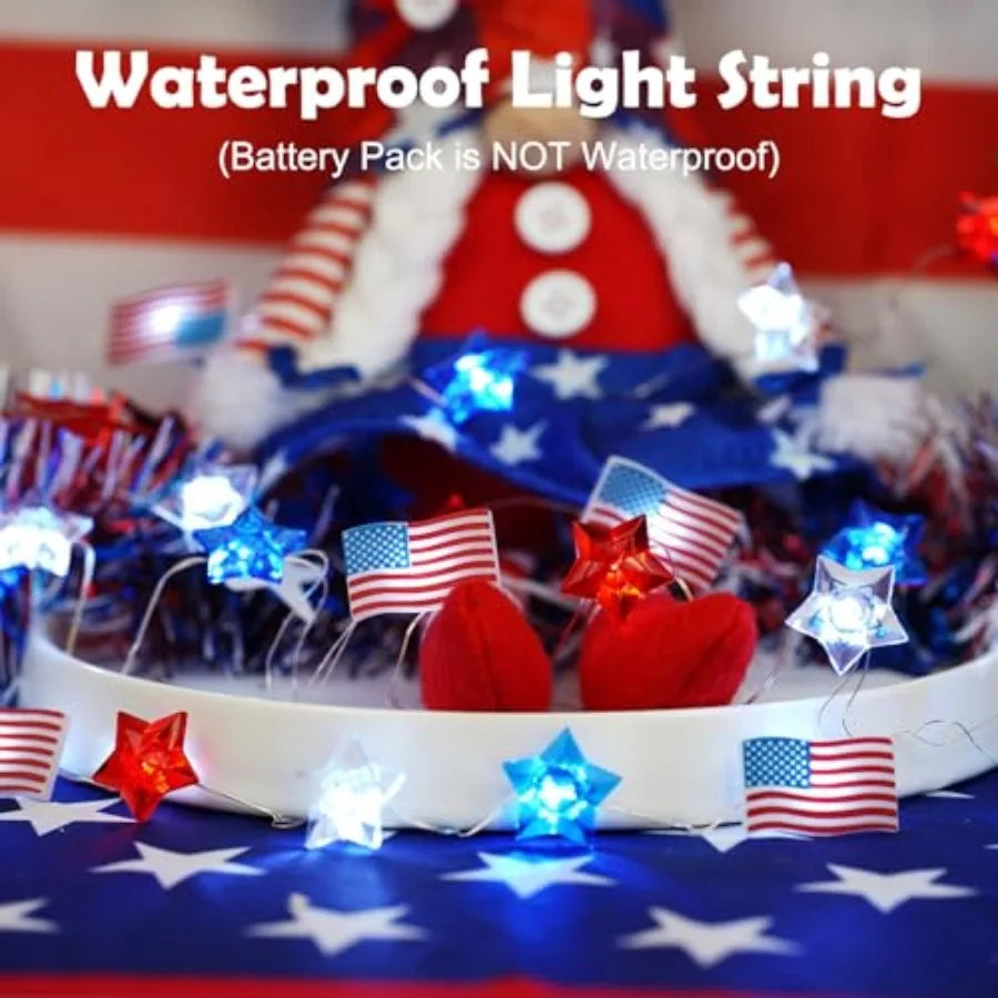 4th of July Decorations Star American Flag Lights 13Feet 40LED Fairy String Lights Battery Operated with Timer Fourth of July D