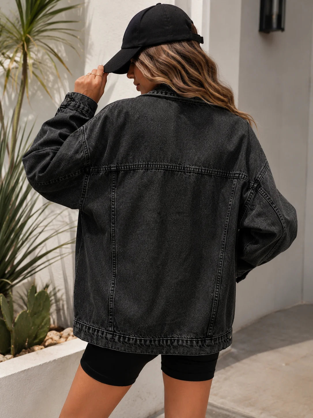 Women's Casual Loose Fit Drop Shoulder Long Sleeve Single-Breasted Denim Jacket, Autumn