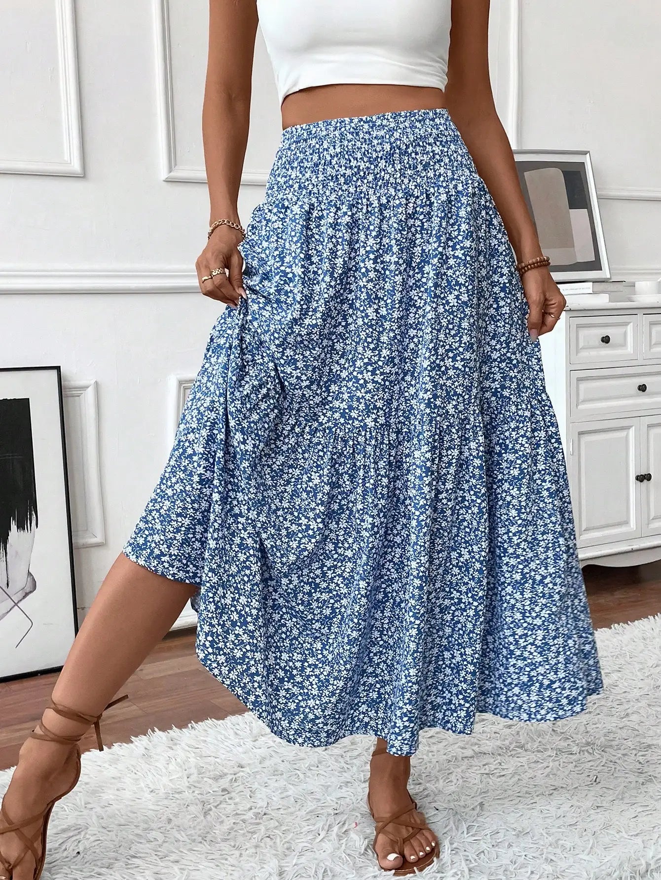 Womens Ditsy Floral A-Line Skirt With Pockets Elastic Waist Ruffle Hem