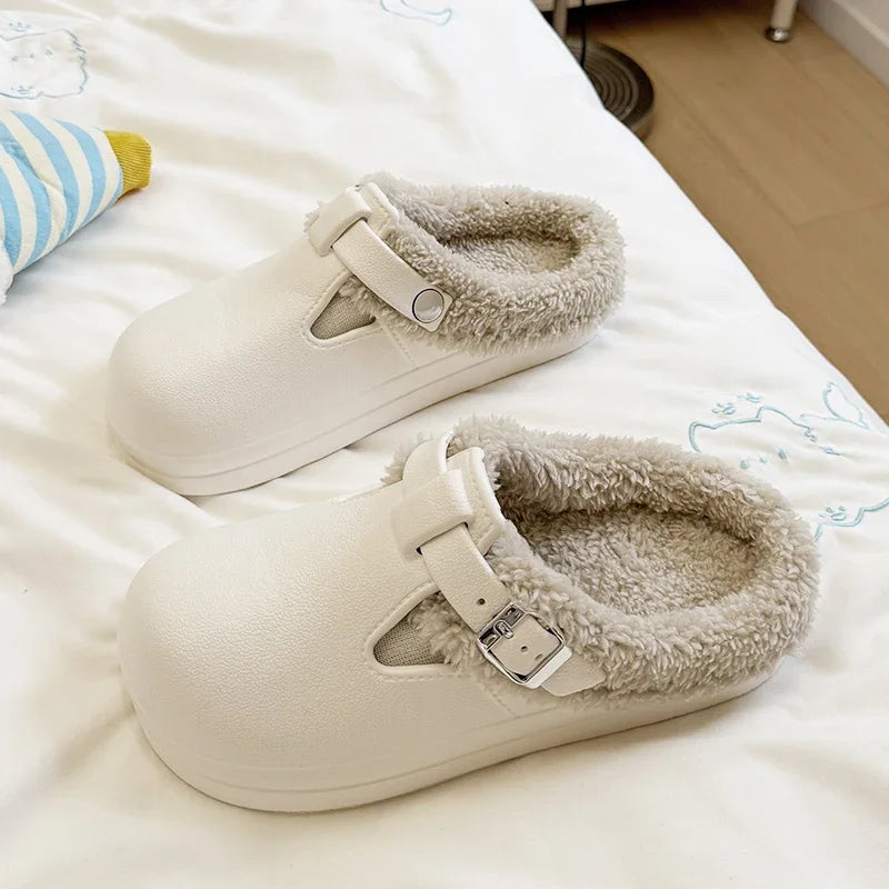 2025 New Waterproof Eva Fuzzy Mules Women Winter Warm Fluffy Slippers Soft Thick Sole Anti Slip Indoor Shoes
