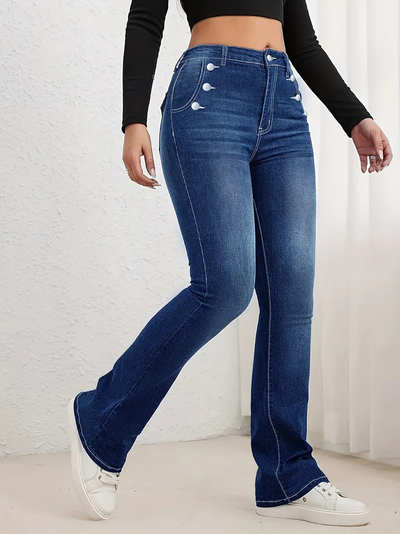 Women's Plus Size Dark Blue Washed Side Double Row Button Detail Denim Flare Pants, Stretchy Hip-Lifting Retro Commute Pants