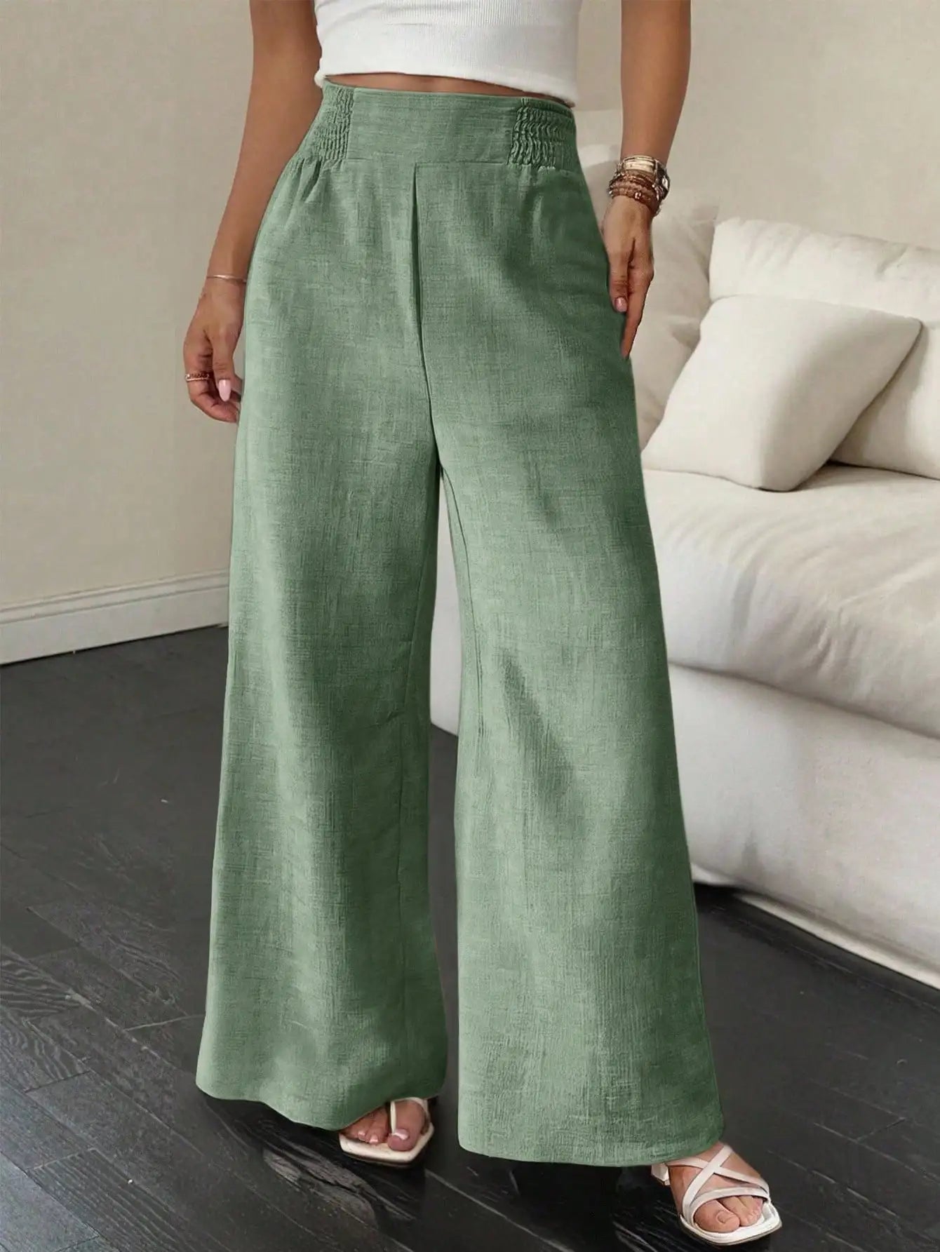 Wide Leg Loose Casual Pants Women High Waist Elastic Waist Summer