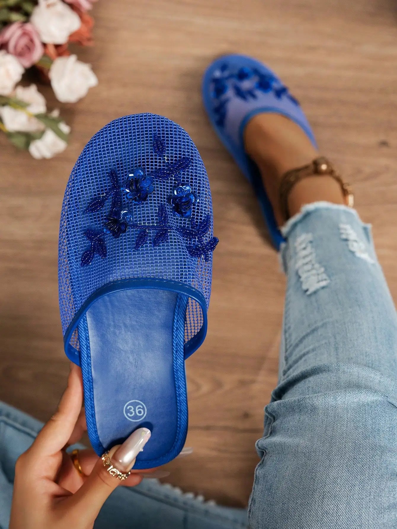Womens Black Mesh Mules With Beaded Floral Embellishment Slip-On Flat Sandals