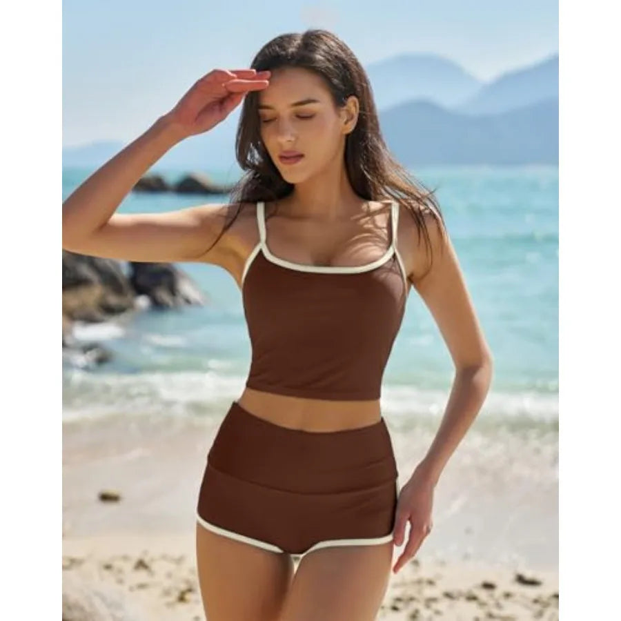 QINSEN Women's Two Pcs Swimsuit Spaghetti Strap Crop Top with High Wasited Boyshort Style Bikini Bottom