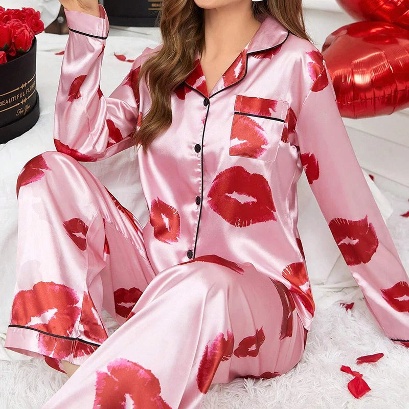 Satin Cute Cat Print Pajama Set | Long Sleeve Lapel Top & Pants Luxury Women Fall Sleepwear