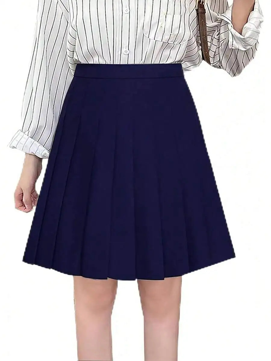 Womens High Waist A-Line Pleated Mini Skirt Solid Color Polyester