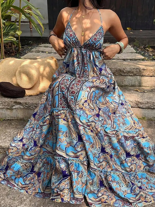Women's Casual Vacation Fashion Daily Versatile Bohemian Paisley Print Backless Halter Tie Bow Long Dress, Spring/Summer