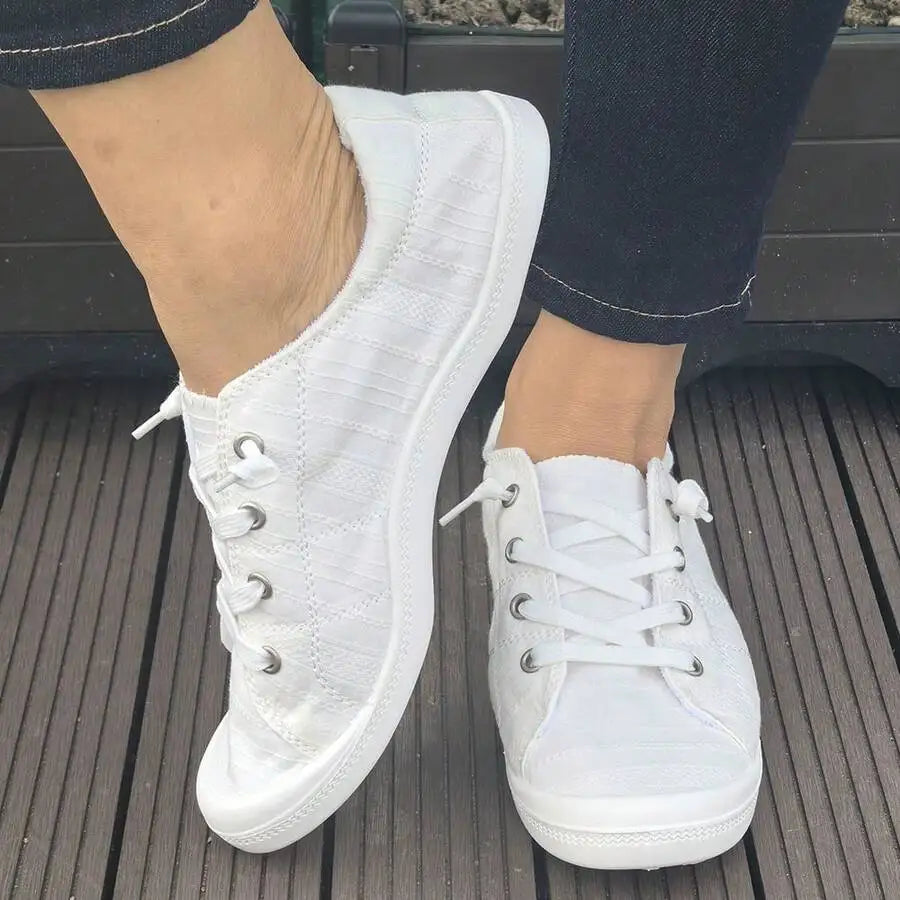 Womens White Lace-Up Flat Canvas Shoes Comfortable Casual Sneakers Spring Summer