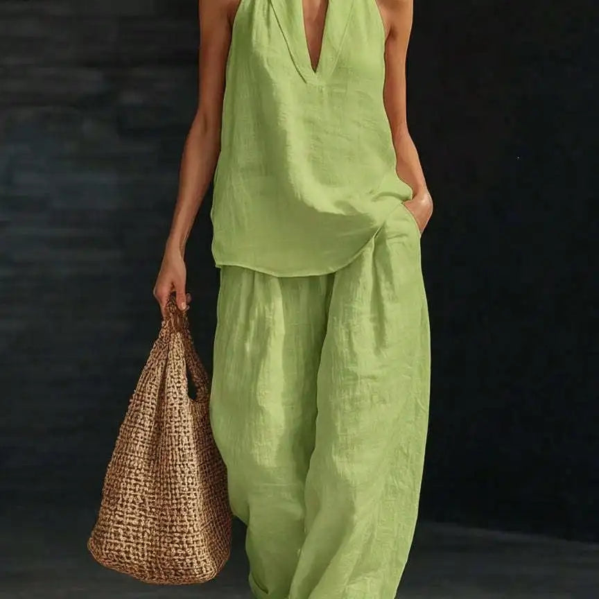 Casual 2 Piece Set Women Halter V Neck Sleeveless Top And Wide Leg Pants