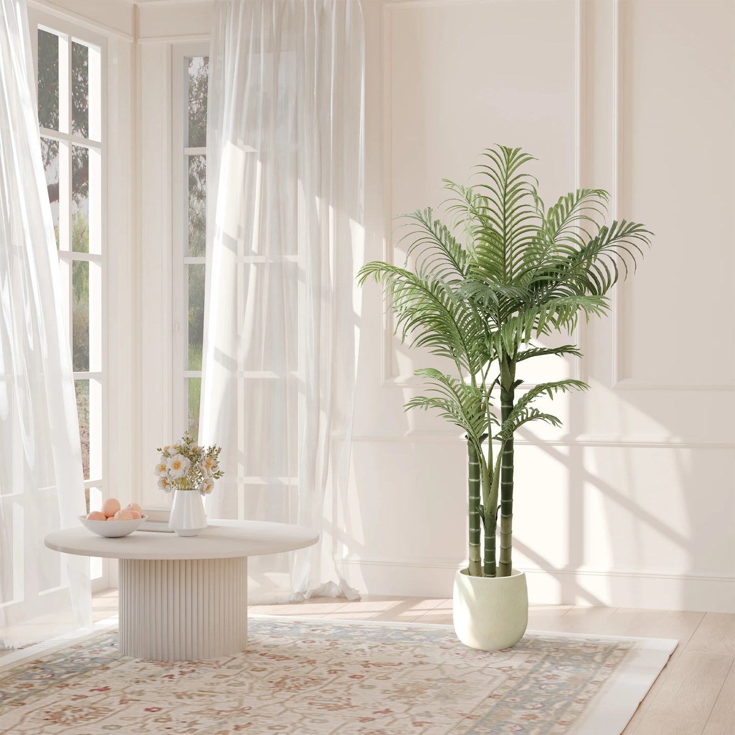 4/5/6FT Artificial Areca Palm Tree with White Pot, 3-Trunk Faux Tropical Palm Plant, Realistic Indoor Fake Tree for Home Office Living Room Decor
