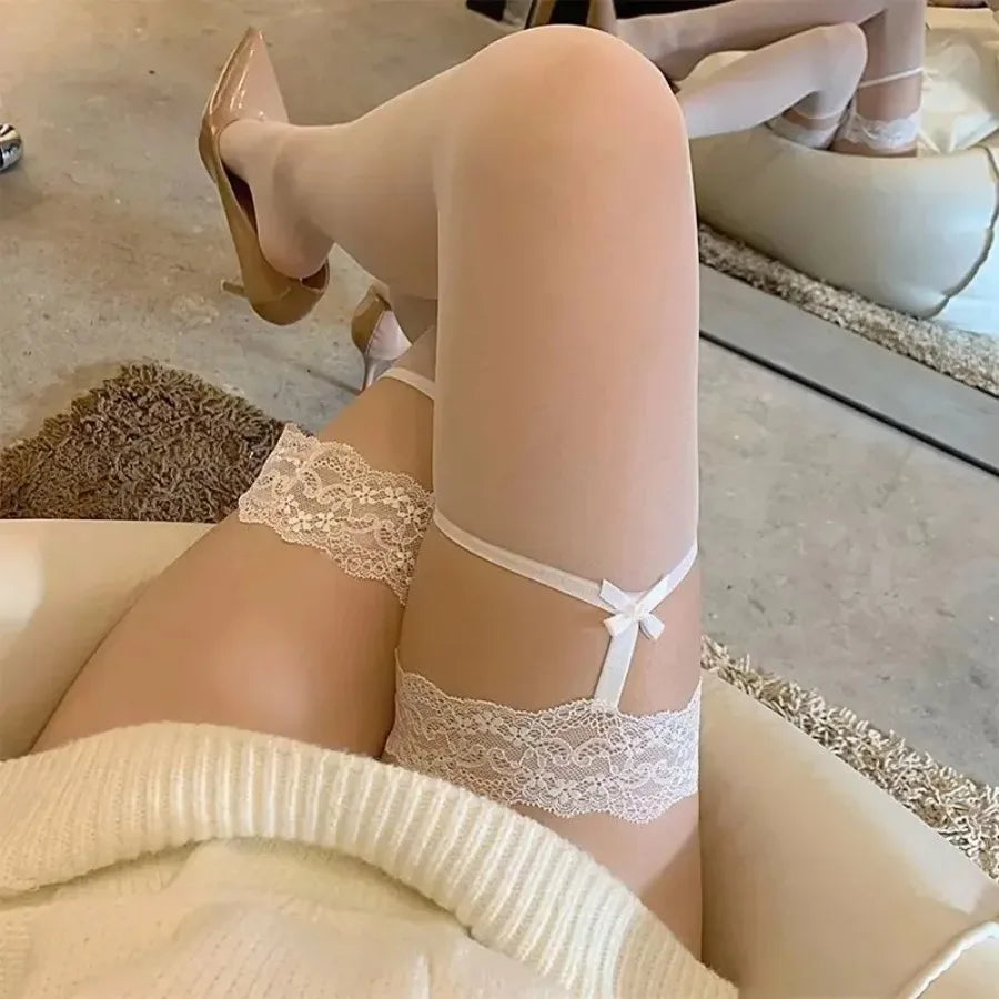 White Suspender Stockings Girls Lace Trim Thigh High Socks Women Summer Thin Sexy Sheer Slim-fit Garters Bowknot OverKnee Socks