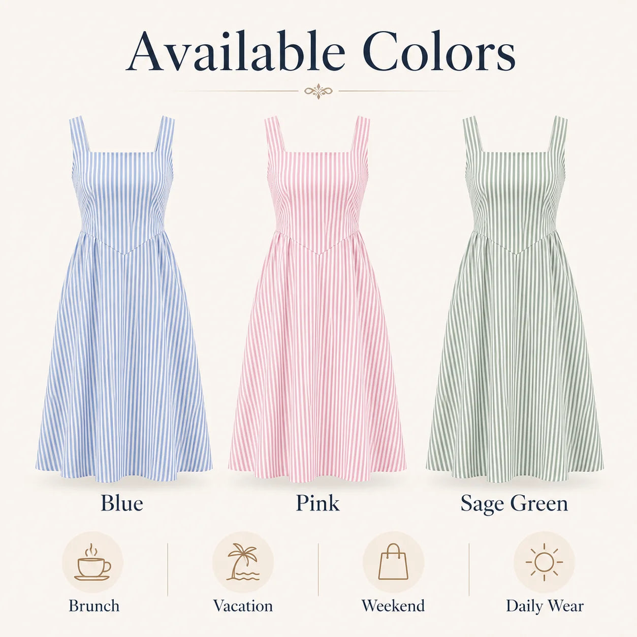 Women Summer Striped Square Neck Cami Midi Dress Sleeveless High Waist A Line Flowy Sundress Casual Vacation Tank Dresses Green Dark Blue Light Blue Pink Grey S-XXL