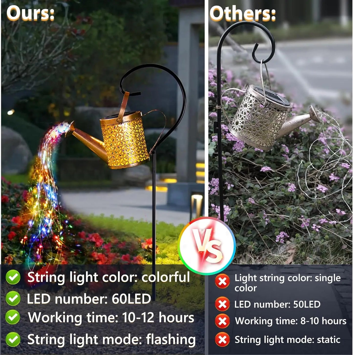 2PCS solar watering pot lights, outdoor garden lights, garden plant decorations, solar waterproof retro metal strip light brackets, suitable for terrace and walkway lighting decoration, and can also be used as garden gifts