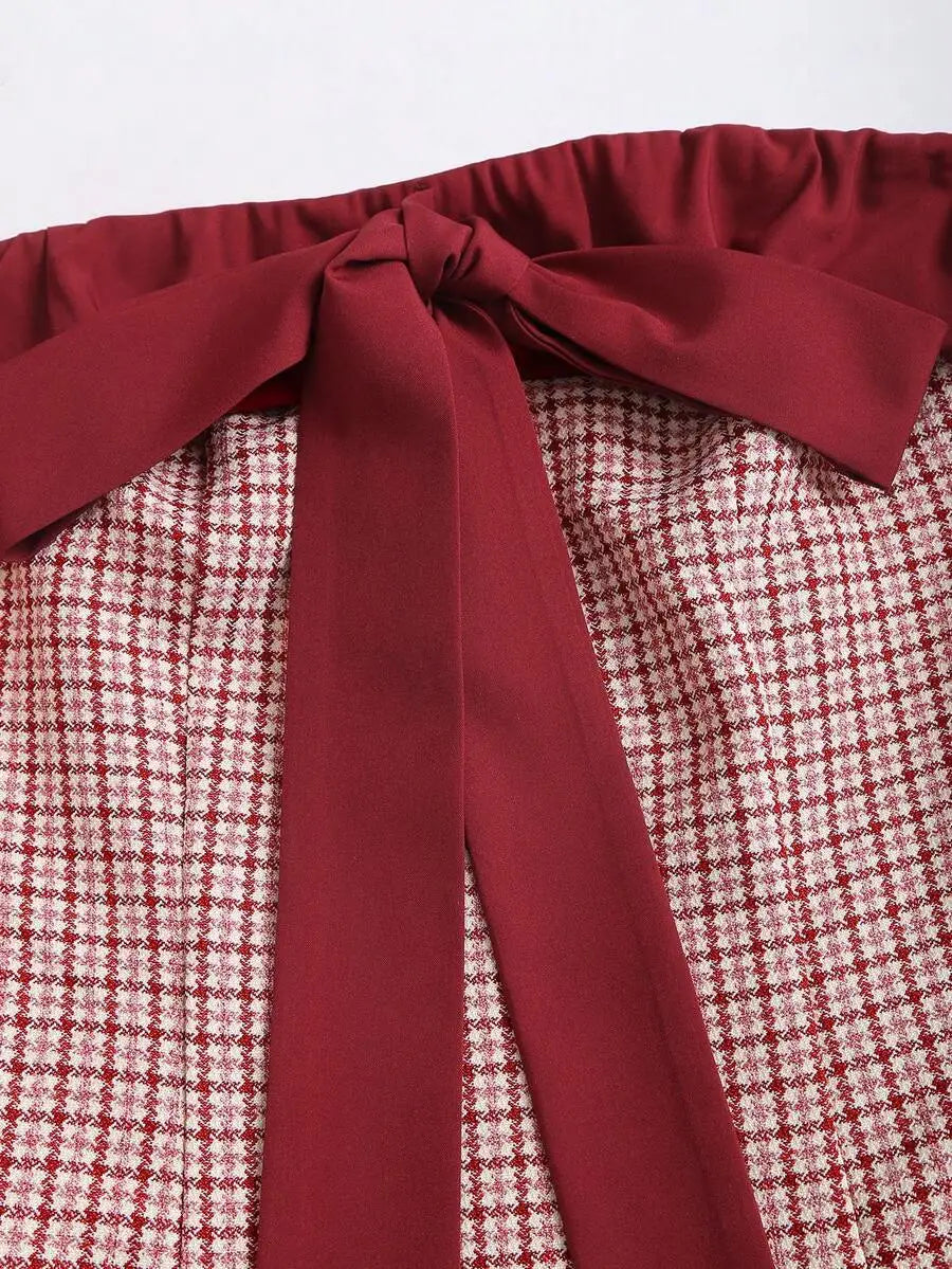 Vintage Houndstooth Strapless Bowknot Mini Dress Red And White Casual