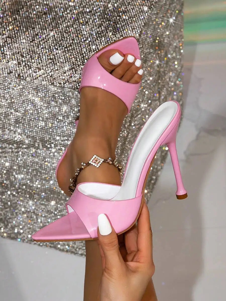 Coffee Colored Women's High Heel Pyramid Studded Pointed Toe Mule Sandals, Glamorous Party High Heel Sandals