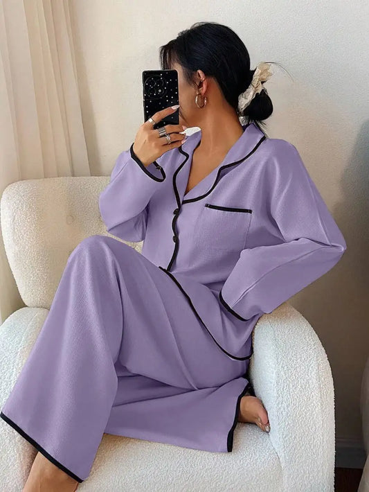 Womens Contrast Trim Lapel Loose Long Sleeve Pajama Set Light Green Sleepwear Lounge Wear