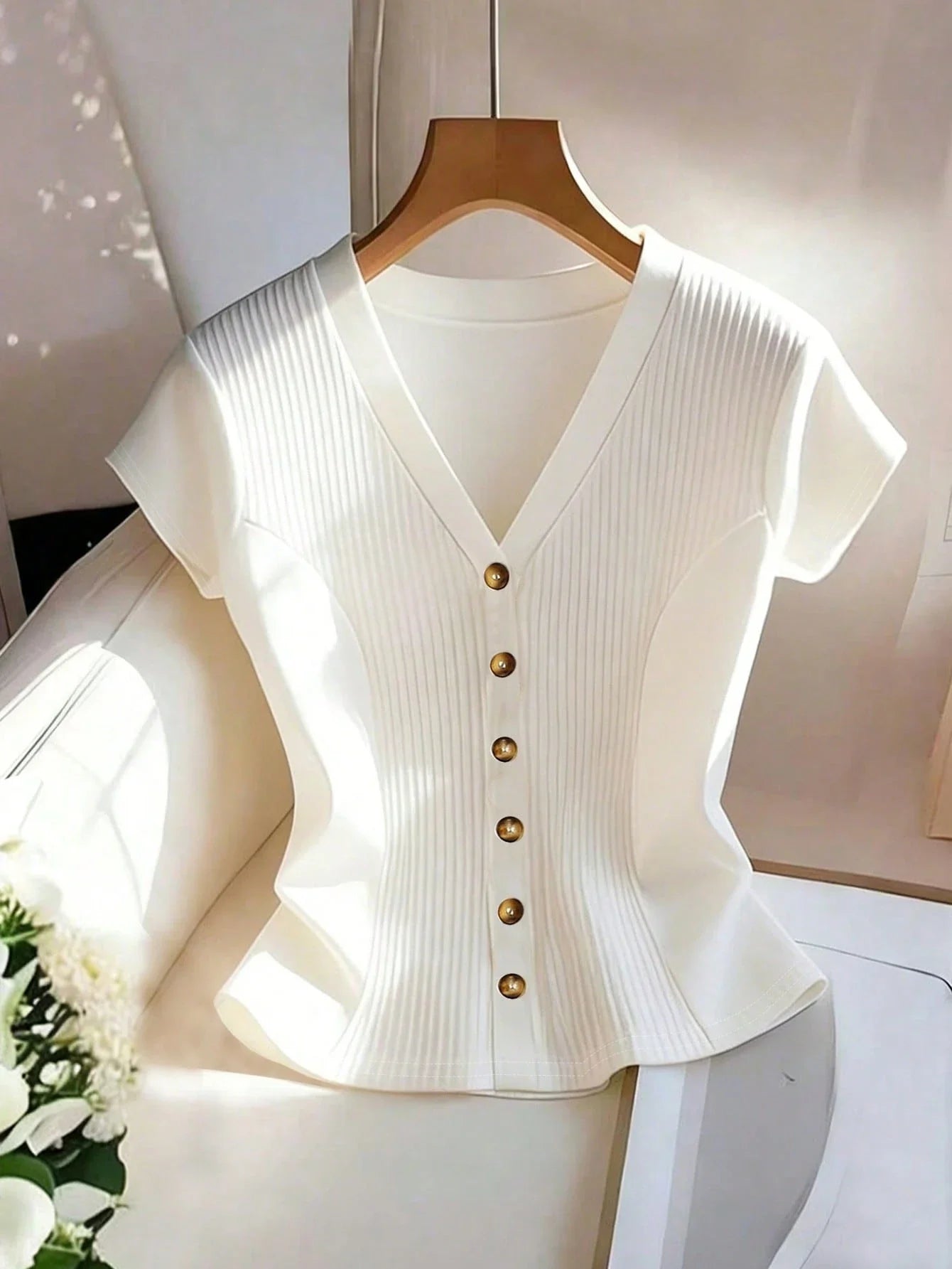 Women's Deep V-Neck Short Sleeve Cinched Waist Button Closure Elegant Casual Blouse