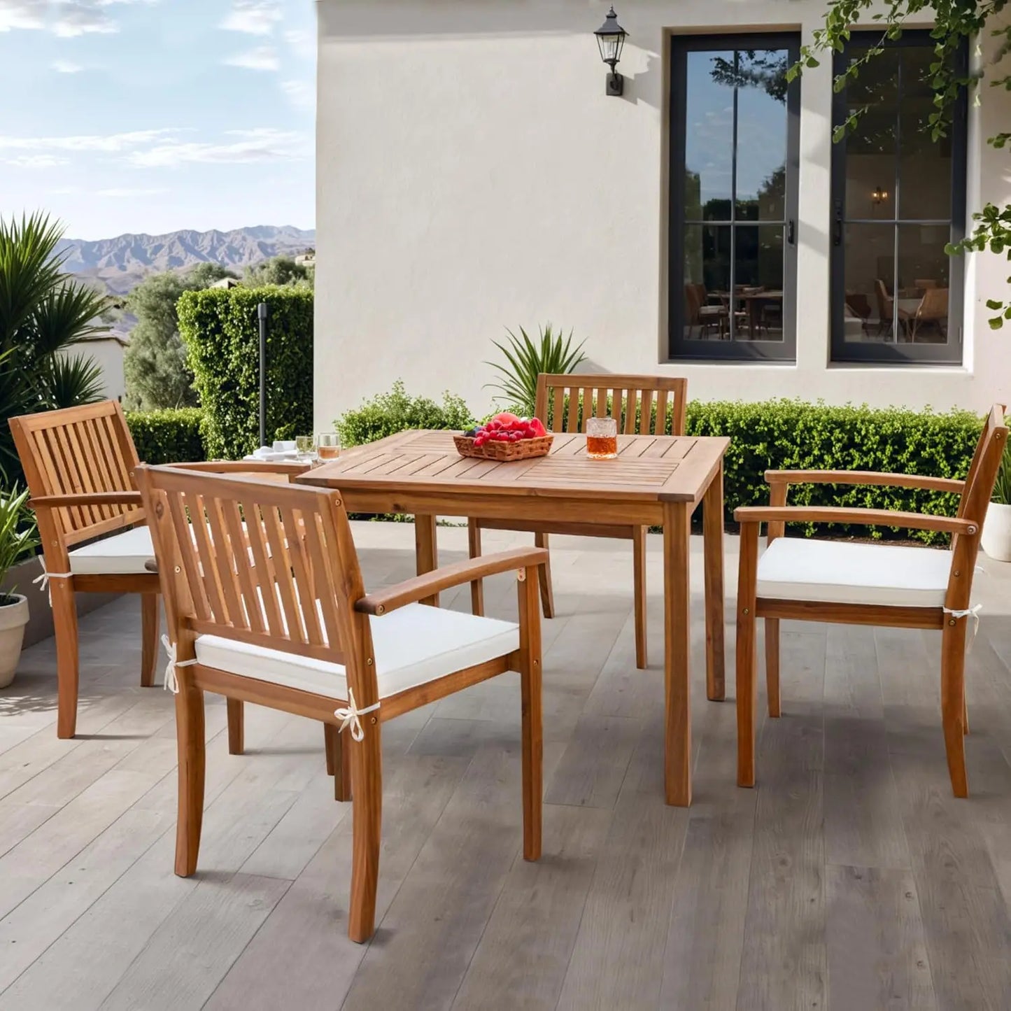 5 Piece Acacia Wood Outdoor Dining Set with Soft Cushions for Deck Backyard Garden, Custom