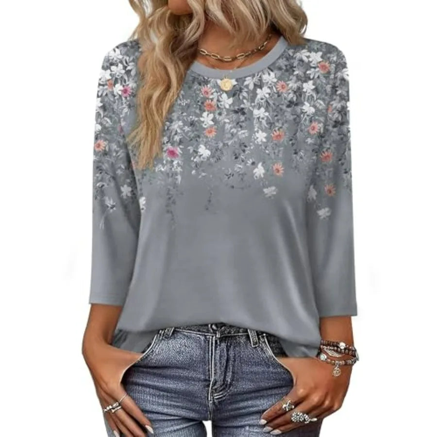 OFEEFAN 3/4 Length Sleeve Womens Tops Dressy Casual Blouses Crew Neck T Shirt Fashion Clothing Loose Fit