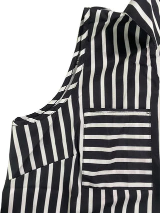 European and American plus size women's black and white vertical striped sleeveless shirt with lapel and double pockets, single-breasted loose curved hem commuting vest shirt