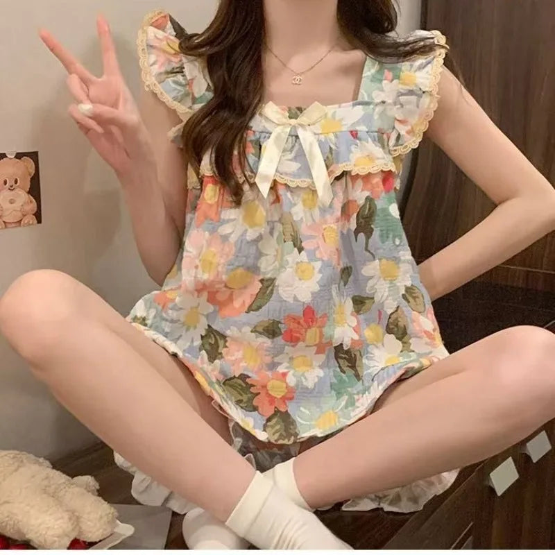 Set Sexy Women Summer Pajamas Sleeveless Sleepwear Trousers Sets Short Sleeve Sleepwear Women's Pajama Sleeping Sleep Lounge