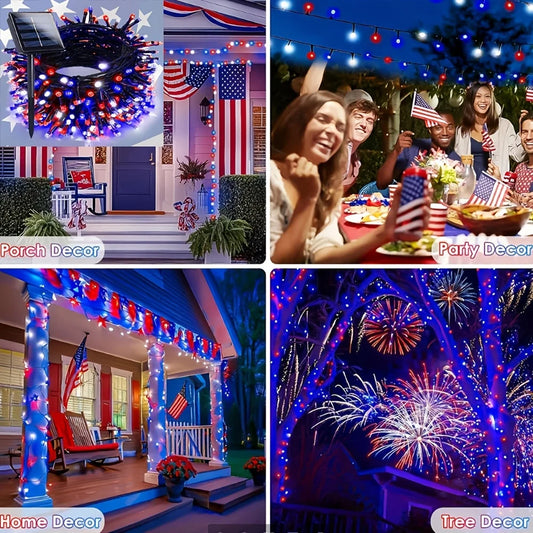 Red Blue LED Solar String Lights July 4Th Holiday Ambient Lights for Independence Day, Halloween, Christmas, Solar LED Lights IP65 Waterproof 8 Modes Colorful Lights for Birthday Party, Holiday Party, BBQ Party, Wedding, Fami