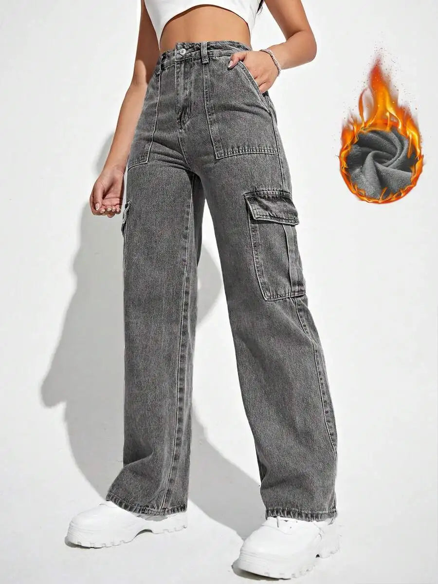 High Waist Flap Pocket Cargo Jeans Y2k Style Wide Leg Denim Pants