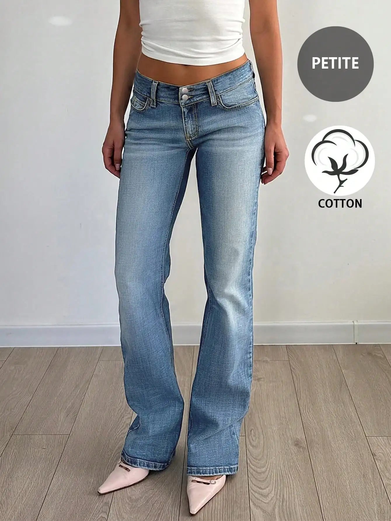Light Washed Flared Low-Rise Jeans with Button Fly and Pockets