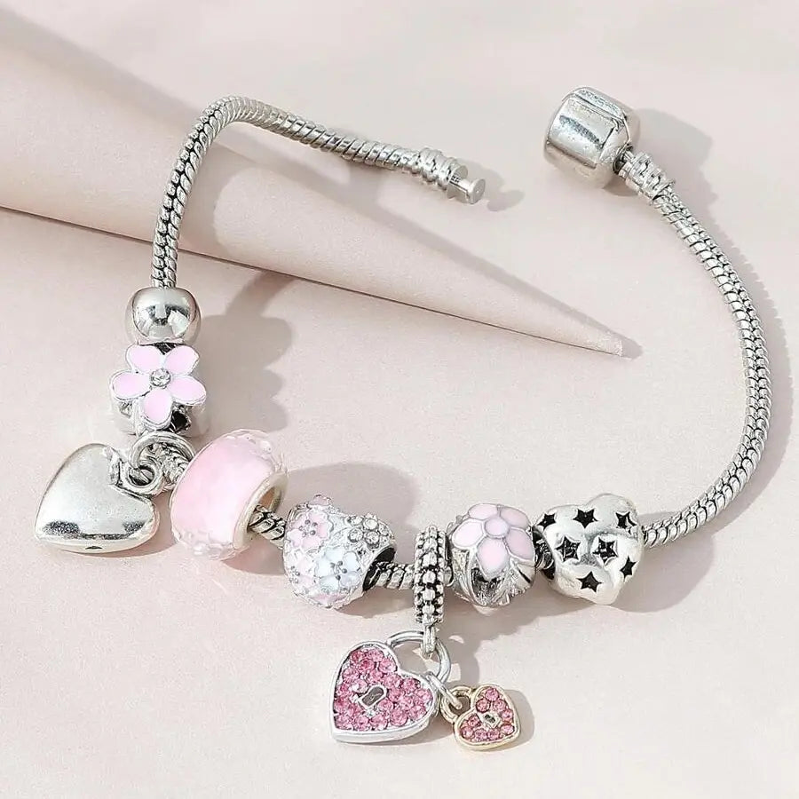 Love Heart Flower Glass Pendant Charm Bracelet Classic Pink White Crystal Stone Adjustable Bead Bracelet Silver Gold Color