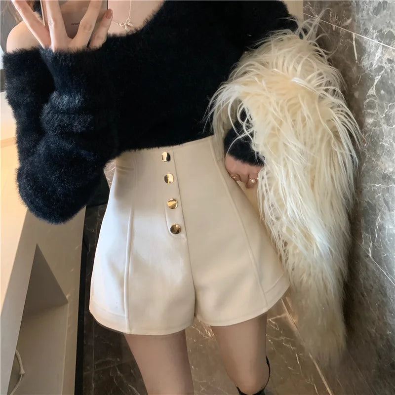 Single Breasted Wide Leg Shorts Solid Classic Slim High Waist Spring Summer Women Daily Casual Hot Pants