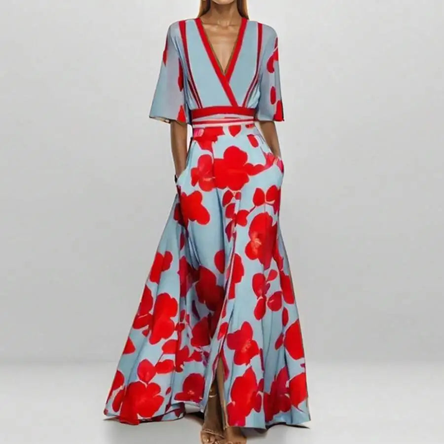 Elegant V-Neck Floral Print Waist-Cinching Floor-Length Dress For Women