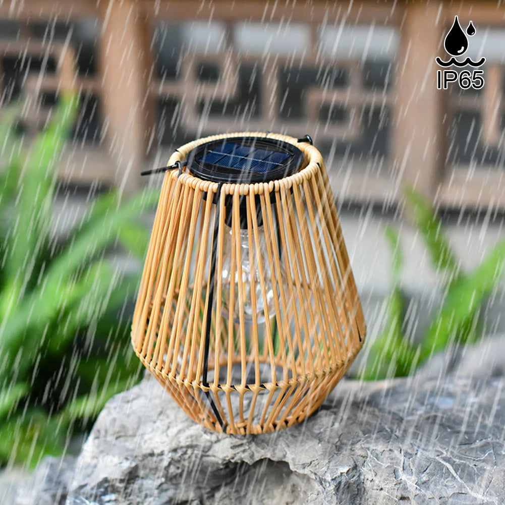 Outdoor Solar Lantern IP65 Waterproof with Handle Solar Hanging Lantern Light Rattan Bamboo Lamp for Yard Garden Home Decoration