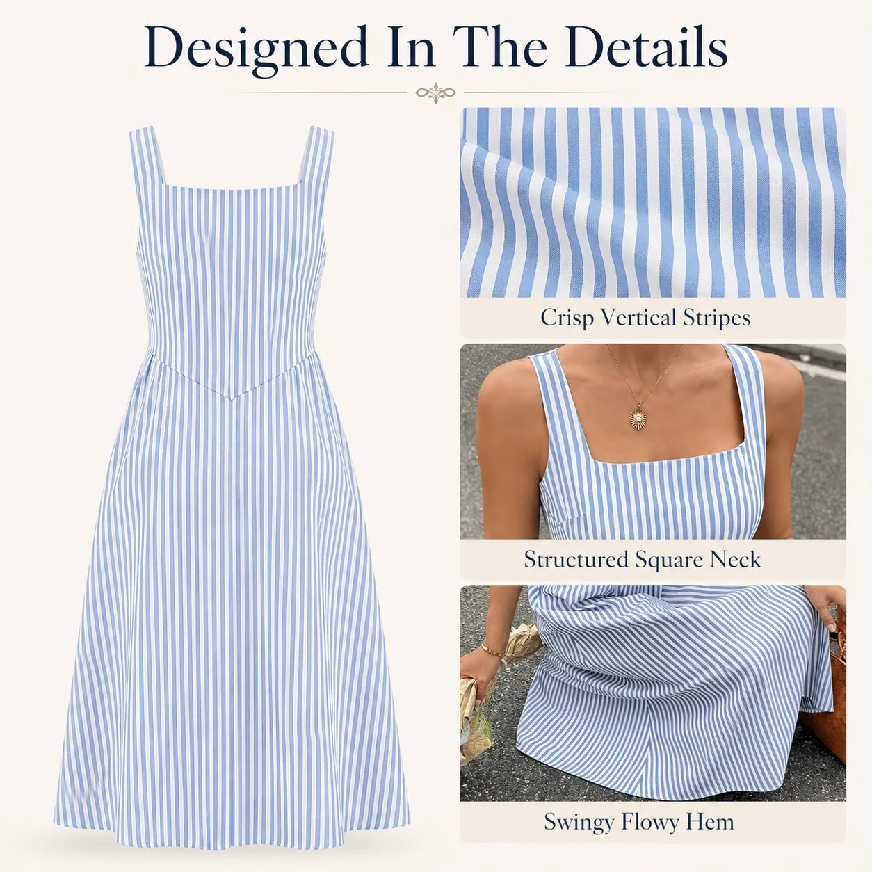 Women Summer Striped Square Neck Cami Midi Dress Sleeveless High Waist A Line Flowy Sundress Casual Vacation Tank Dresses Green Dark Blue Light Blue Pink Grey S-XXL