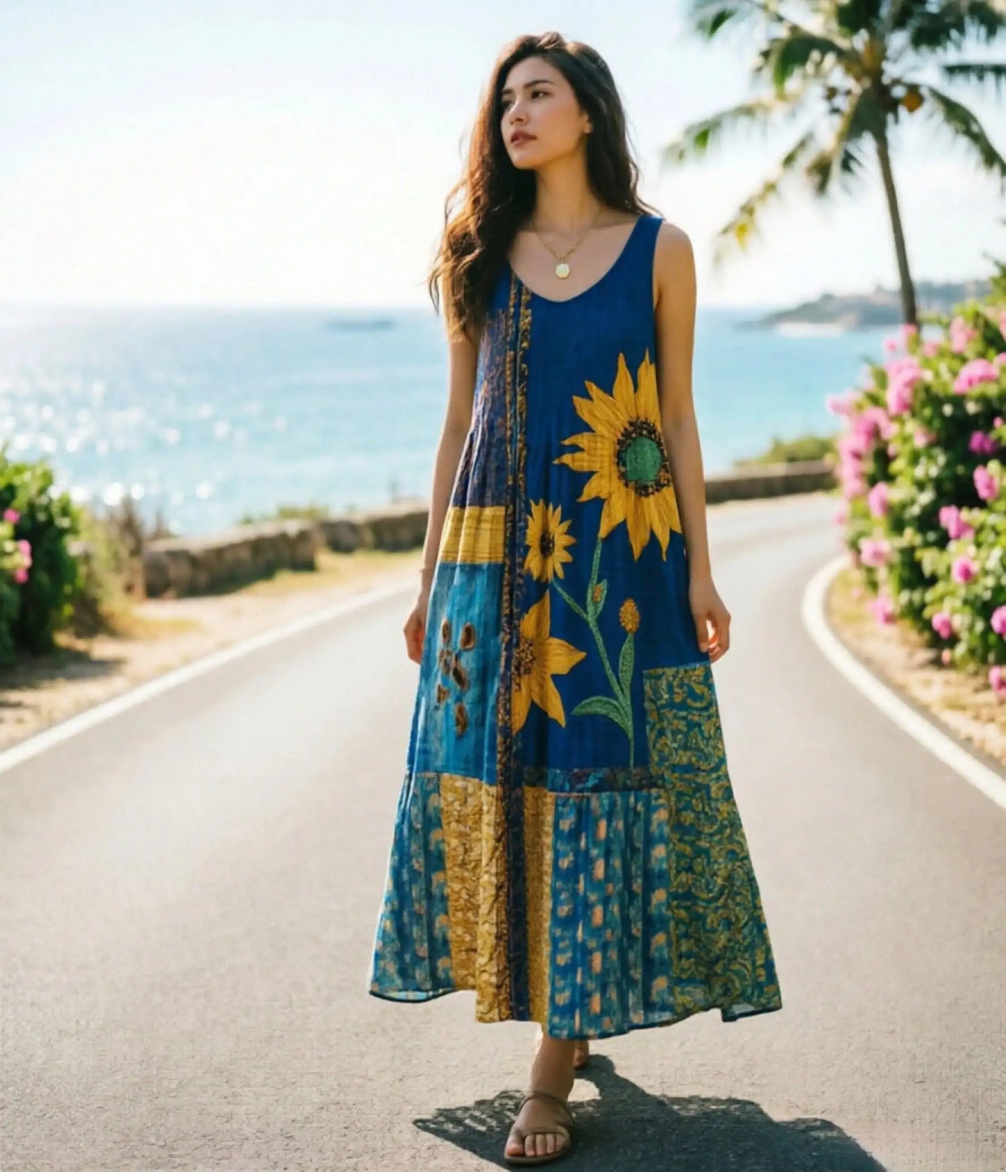 Plus Size Boho Floral Print Sleeveless Maxi Dress - Breathable Flowy A-Line Sundress For Summer Beach Vacation & Casual Wear, Comfortable All-Day Fit