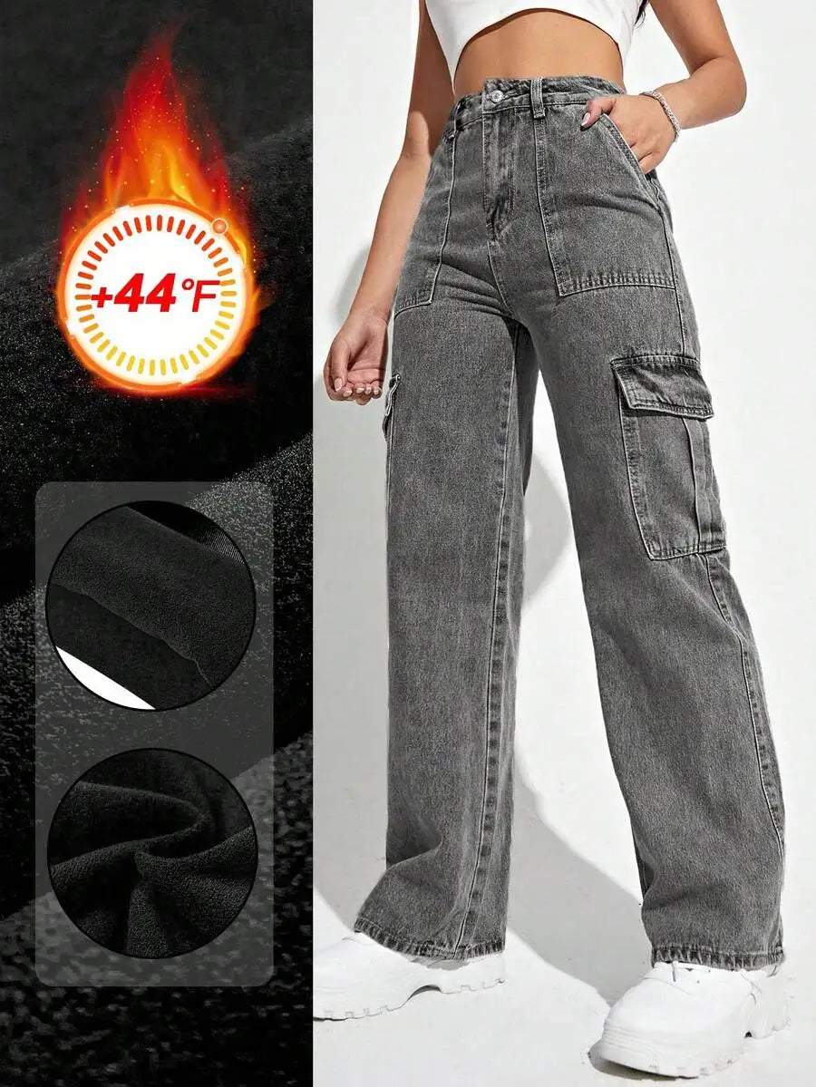 High Waist Flap Pocket Cargo Jeans Y2k Style Wide Leg Denim Pants