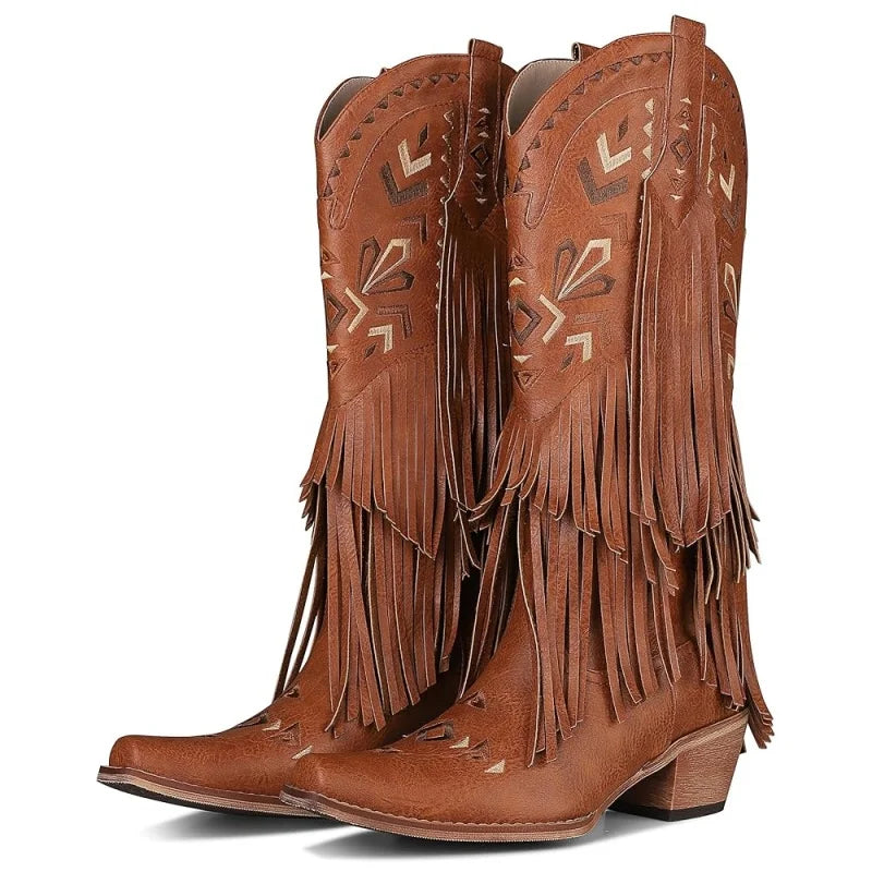 Women's Cowboy Boots Burgundy Pointed Toe Chunky Heel Cowboy Boots Wide Calf Knee High Boots Festival Shoes Country Concert Combat Boots For Women