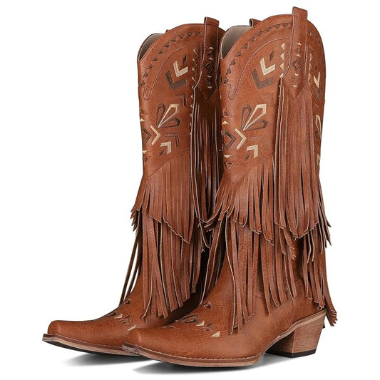 Women's Cowboy Boots Burgundy Pointed Toe Chunky Heel Cowboy Boots Wide Calf Knee High Boots Festival Shoes Country Concert Combat Boots For Women