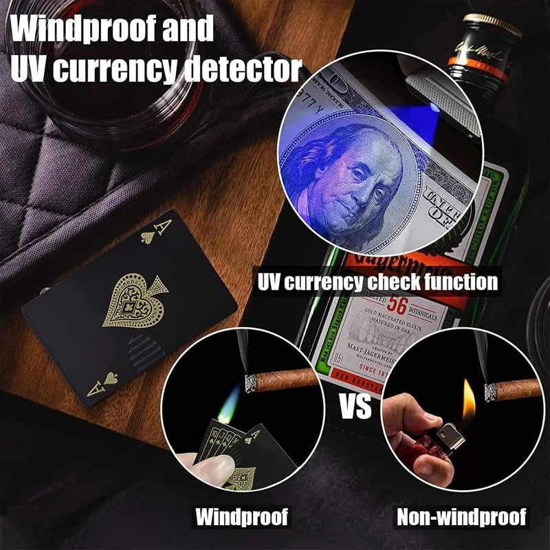 Metal Poker Card Shaped Lighter with Cash Detector Light Windproof Decompression Portable Turbine Torch Lighter for Men's Gift