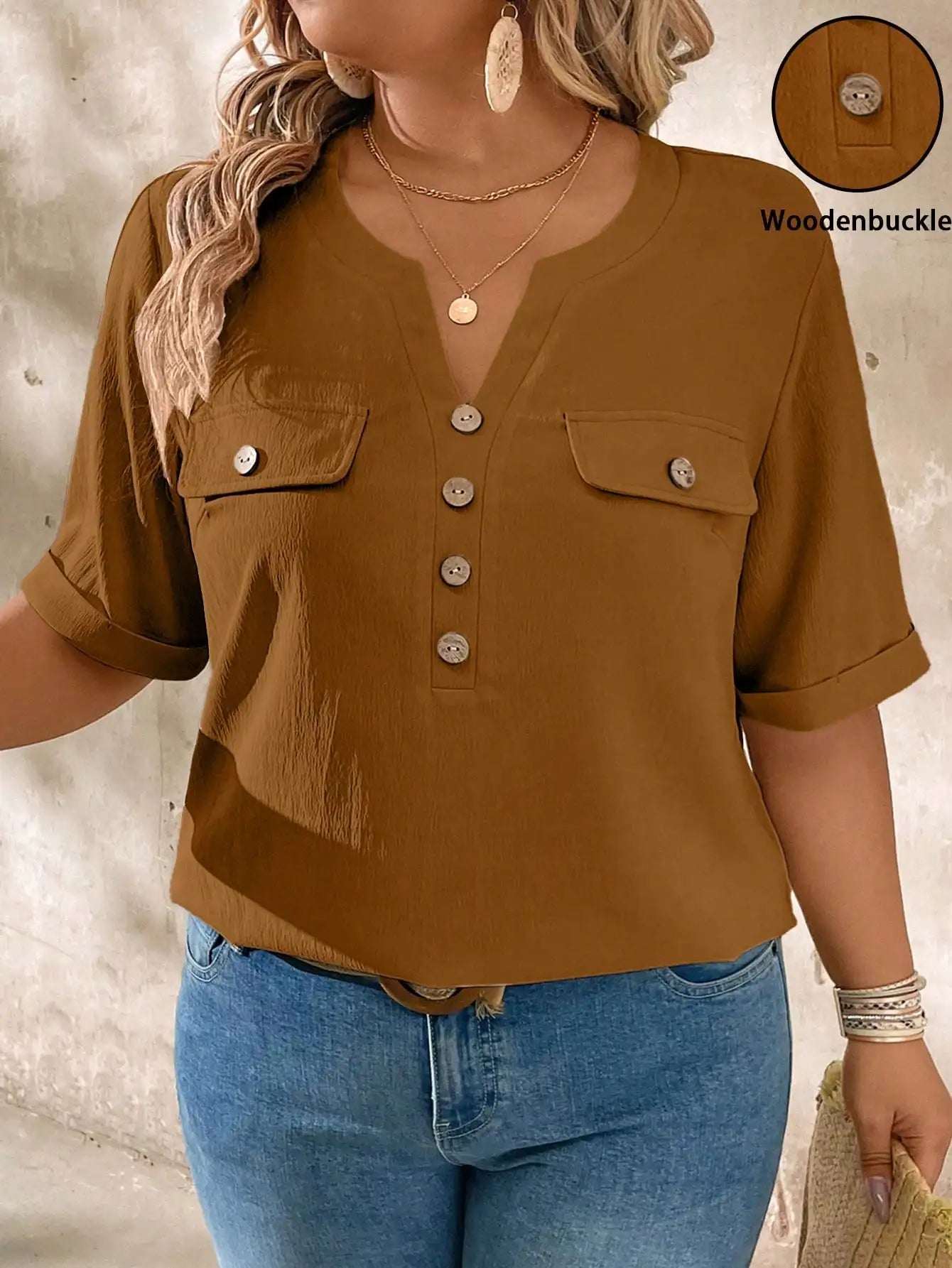 Casual V-Neck Short Sleeve Shirt With Wood Buttons