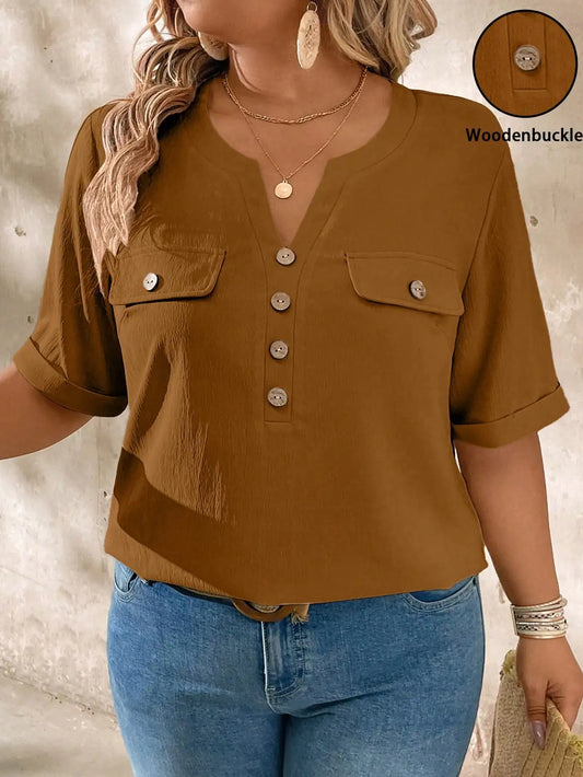 Casual V-Neck Short Sleeve Shirt With Wood Buttons