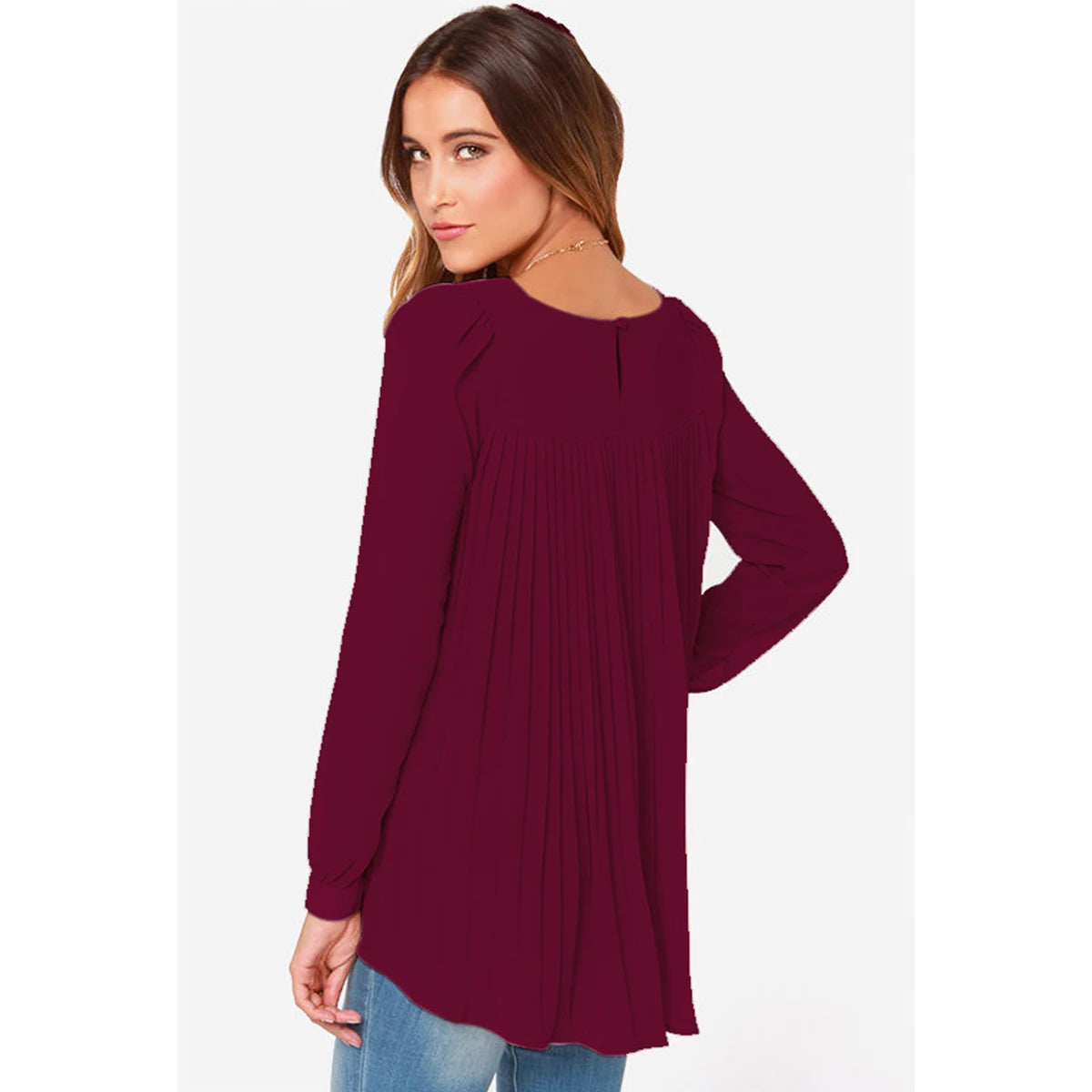 Women Sexy Casual Loose Chiffon Blouse Long Sleeve Solid Crimp Shirts