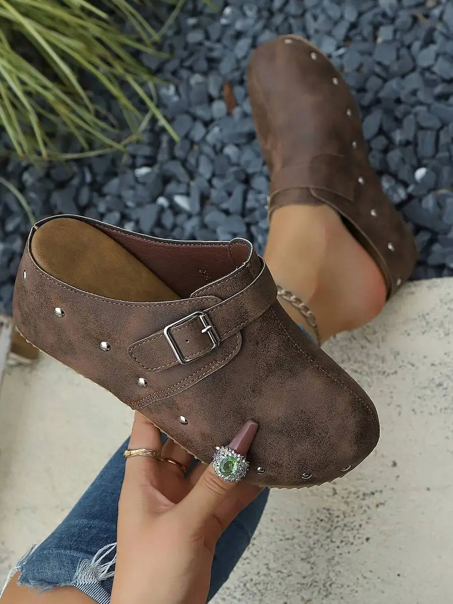 Retro Distressed Matte Leather Studded Mules Slip-On Shoes With Buckle Strap
