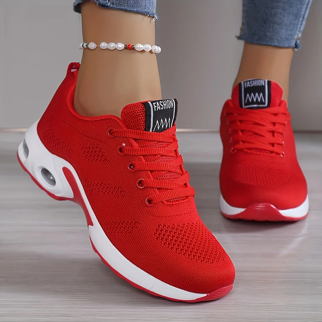 Women Air Cushion Running Shoes Breathable Mesh Upper Athletic Sneakers Non Slip Soft Sole Casual Platform Shoes Ladies Lightweight Sport Footwear for Gym Jogging Tennis Outdoor Daily Walking Fitness Training Red Black White