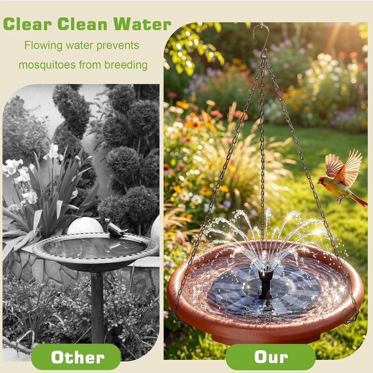 15 inch Hanging Solar Bird Bath, Outdoor Bird Bath & Feeder with Solar Fountain and 3-Tier Steps, Suitable for Patio Garden Backyard Landscape Decor