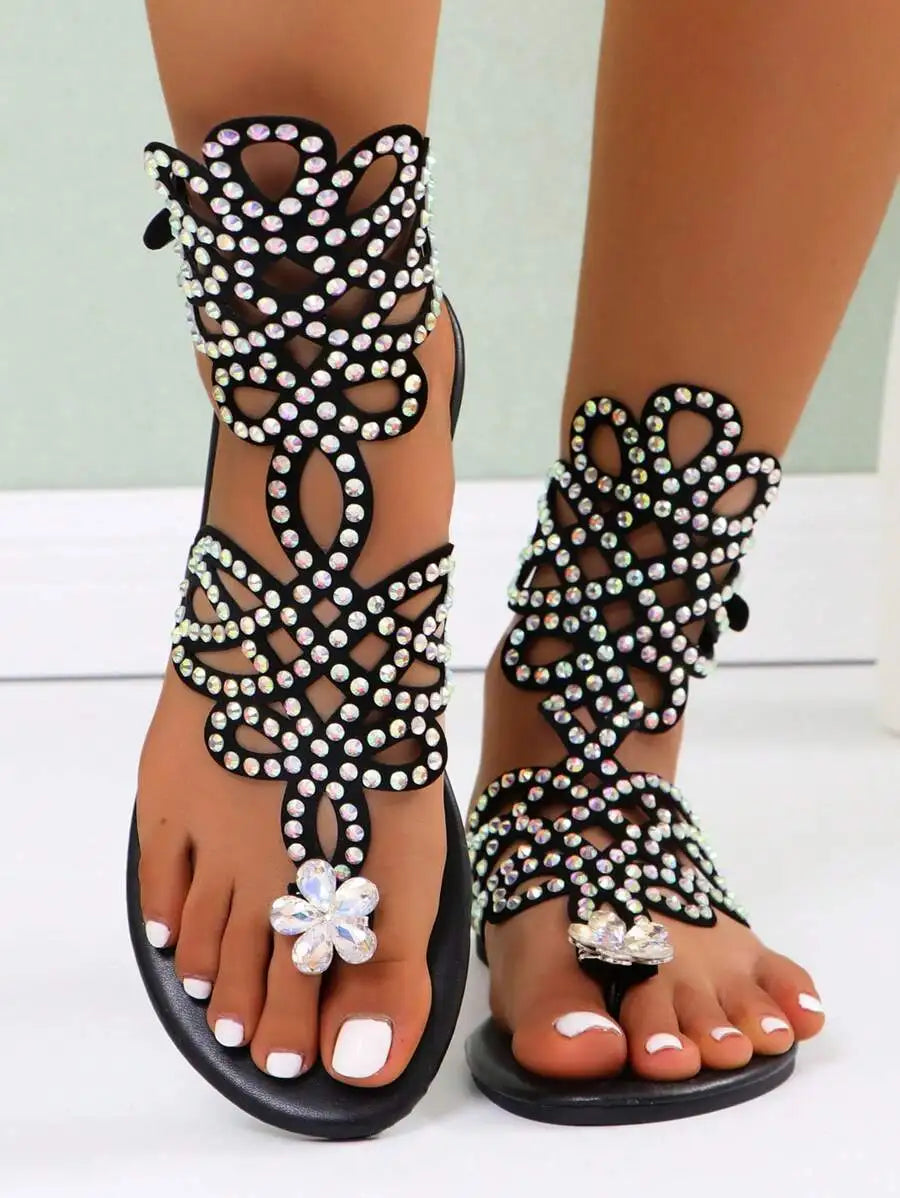 Womens Sparkling Rhinestone Roman Style Thong Sandals Blue Hollow Woven With Iridescent Crystals